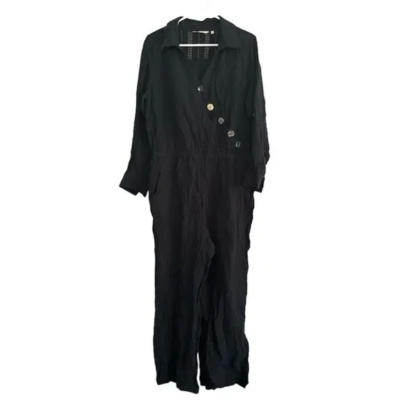 Soft Surroundings Cannes Black Crinkle Gauze Jumpsuit - Picture 2 of 8